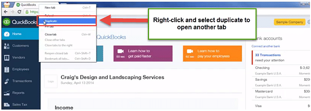tabbed browsing in quickbooks online app